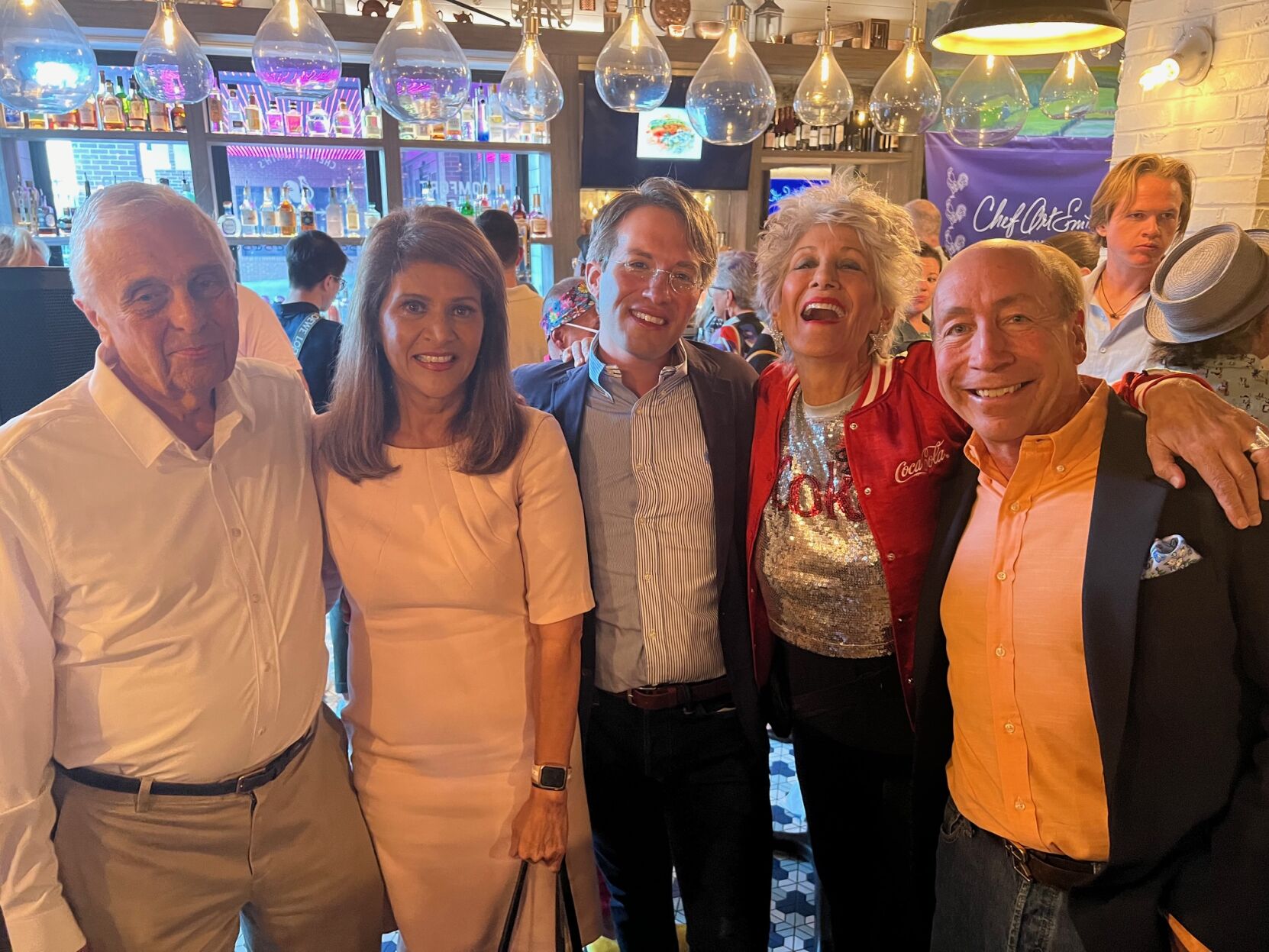 Party guests Peter Kambreros, Sylvia Perez, Randy Montesinos, Cook County Treasurer Maria Pappas and Jamie Gabala. (Candace Jordan photo)